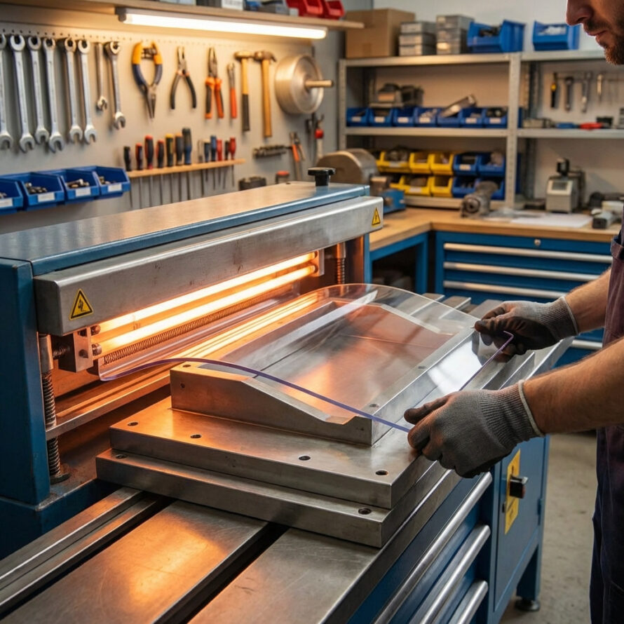 Polycarbonaat plaat wordt verwarmd en gebogen met een industriële buigmachine.