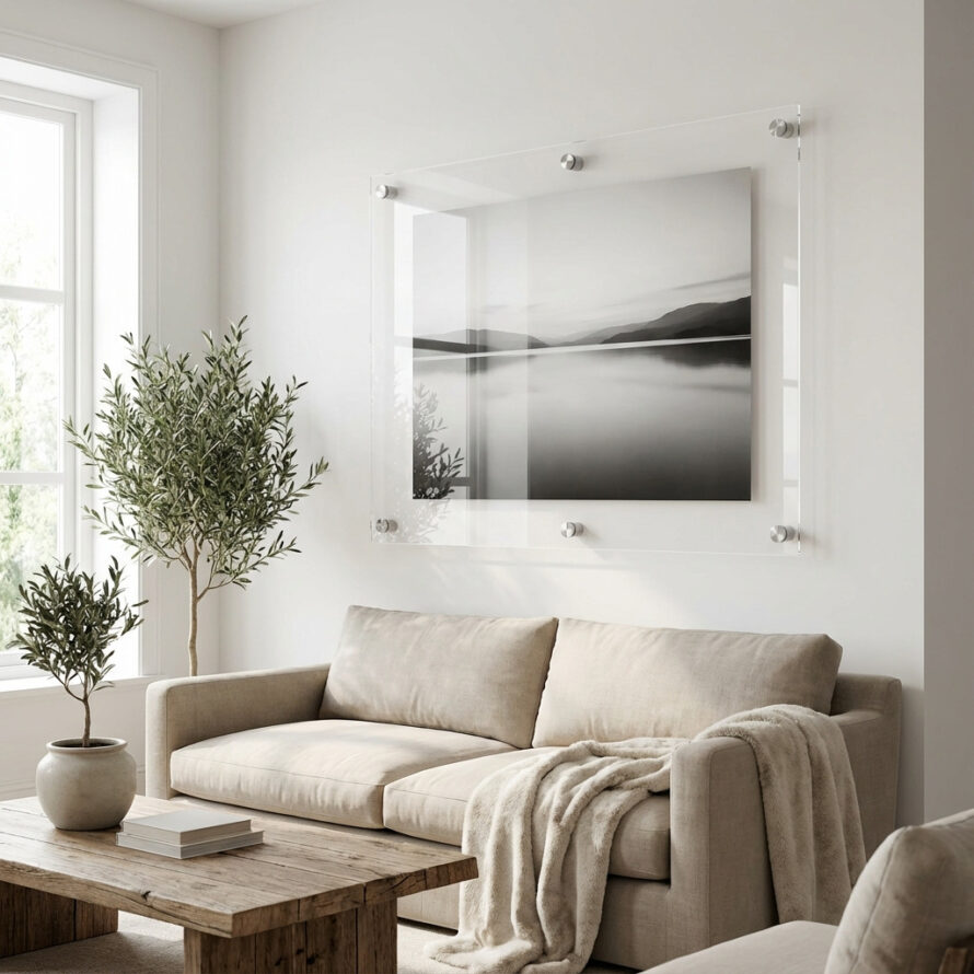Grote zwevende plexiglas fotolijst met zwart-wit landschapsfoto boven een lichte bank in een minimalistische woonkamer.