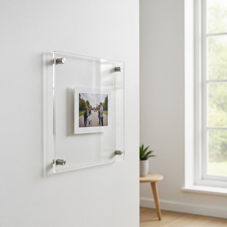 Zwevende plexiglas fotolijst met metalen afstandhouders aan een witte muur, met een kleine foto in een modern interieur.
