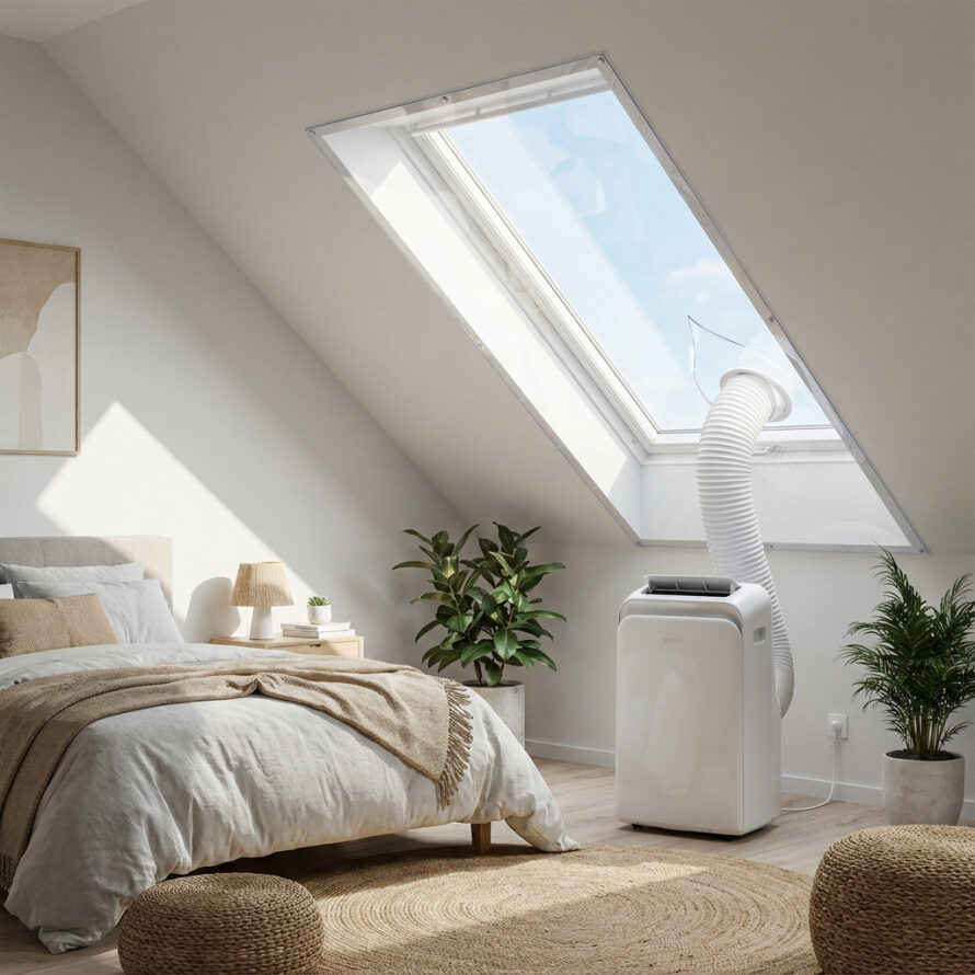 Mobiele airco op zolder aangesloten op dakraam met transparante plexiglas raamafdichting.