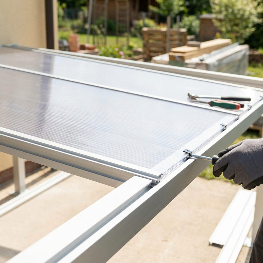 Kunststof dakplaat vastzetten op draagconstructie.