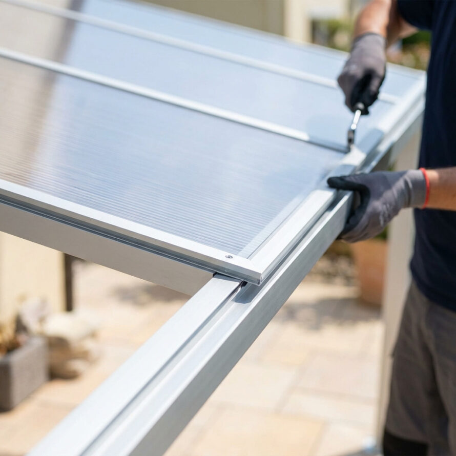 Bevestigen van transparante kunststof dakplaat met schroefmachine.