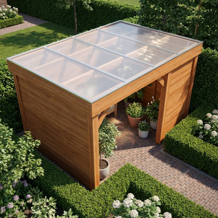 Moderne houten schuur met polycarbonaat dakplaten die natuurlijk daglicht doorlaten