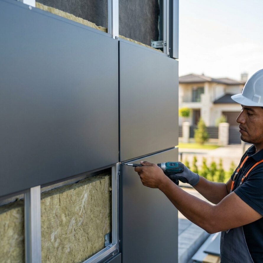 Monteur plaatst kunststof gevelbekleding op geventileerde gevel met isolatie en metalen regelwerk.
