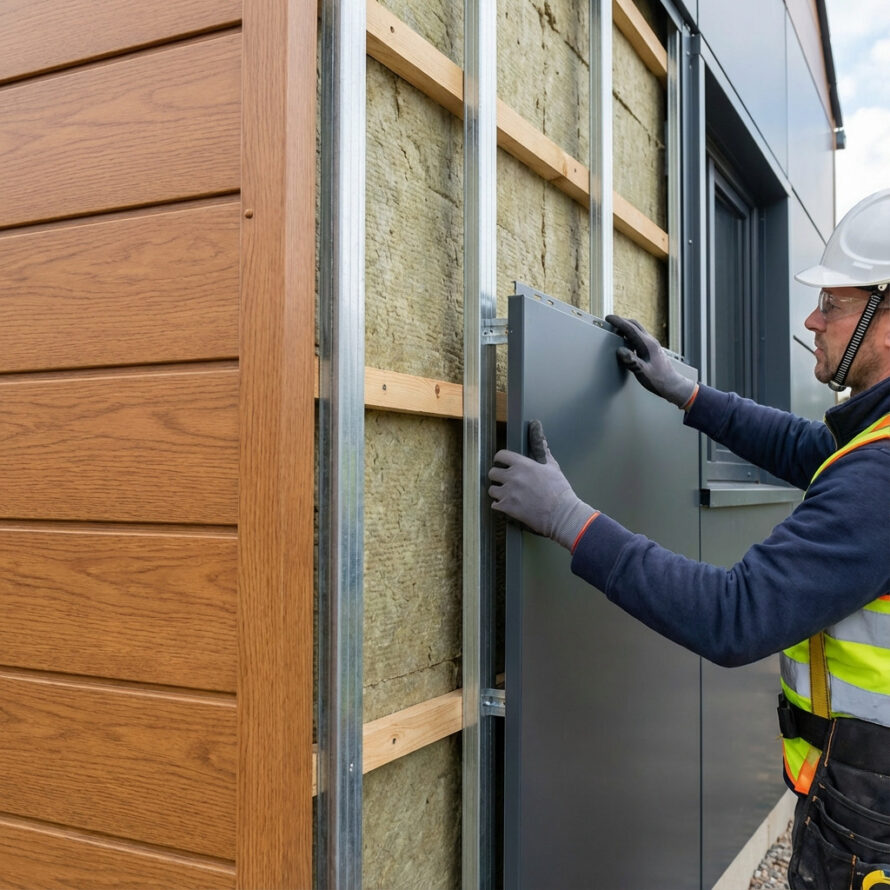 Montage van aluminium composiet gevelplaten op moderne woninggevel.