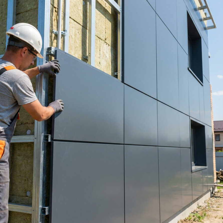 Voorbereiding van gevel voor kunststof gevelbekleding met metalen draagconstructie.