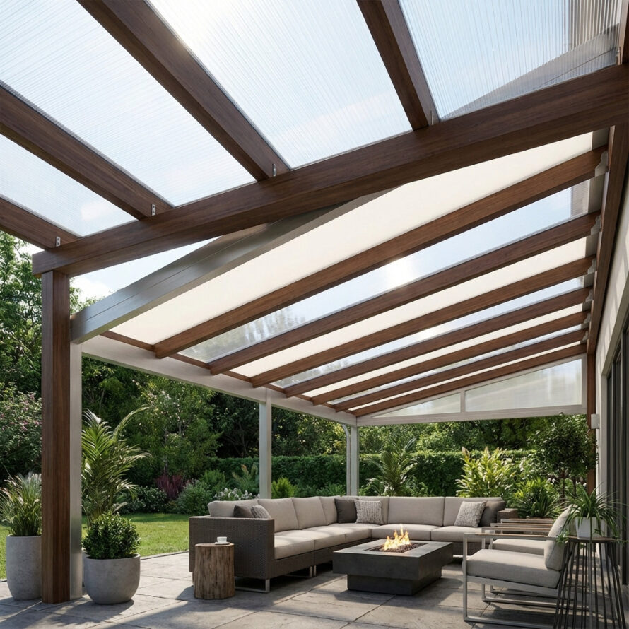 Lichtdoorlatend kunststof dak, helder en opaal uitgevoerd.