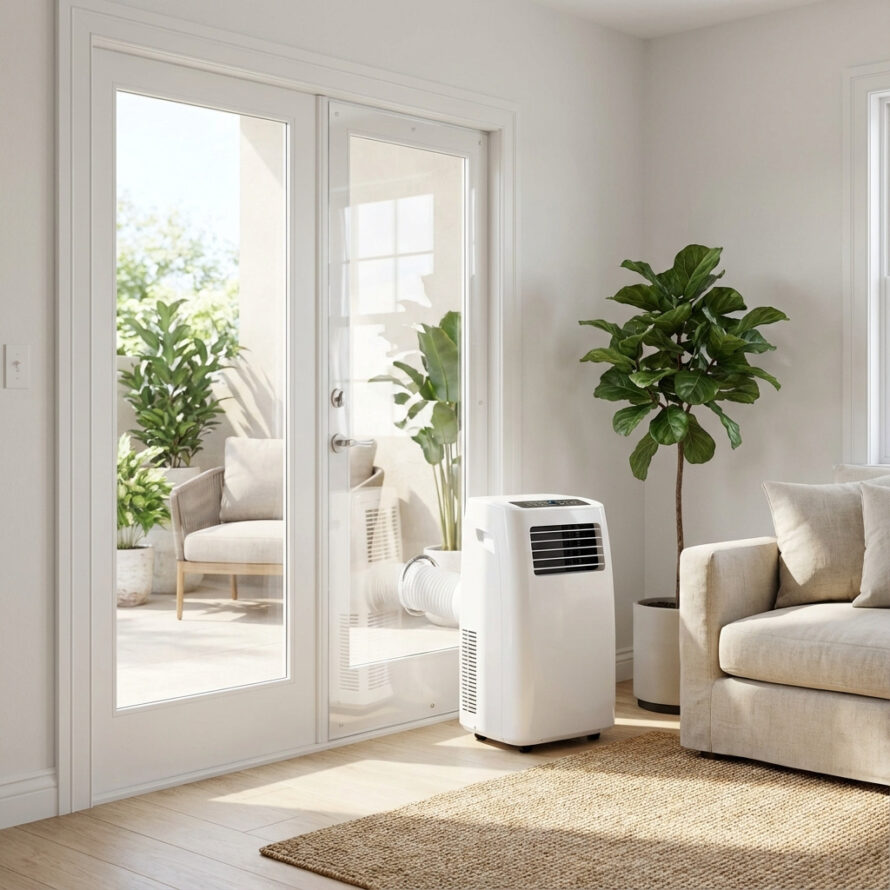 Mobiele airco met plexiglas deurafdichting op maat, gemonteerd in de deurpost.