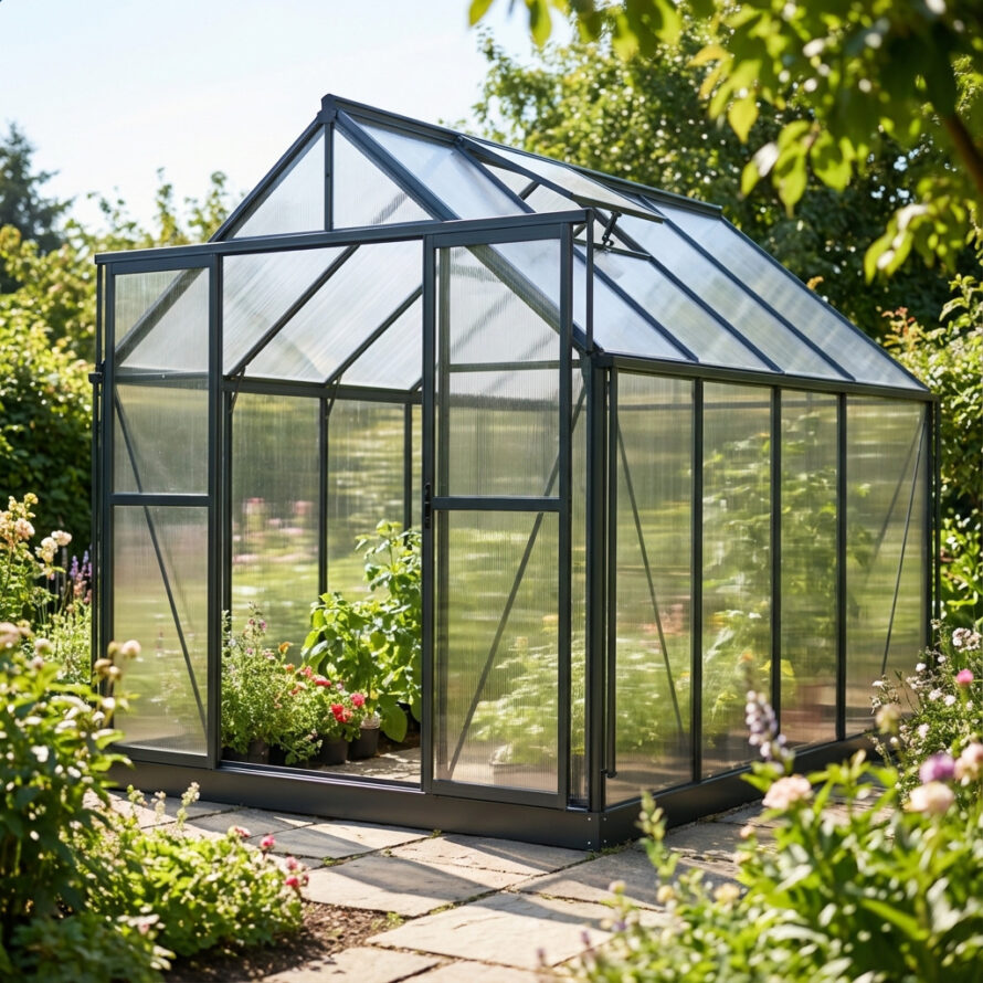 Strak vormgegeven moderne tuinkas van kunststof met robuuste uitstraling, helder materiaal en professionele afwerking.