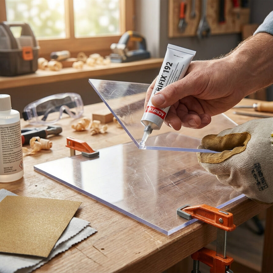 Hand klemt een transparante plaat vast op een werkbank met lijmklemmen