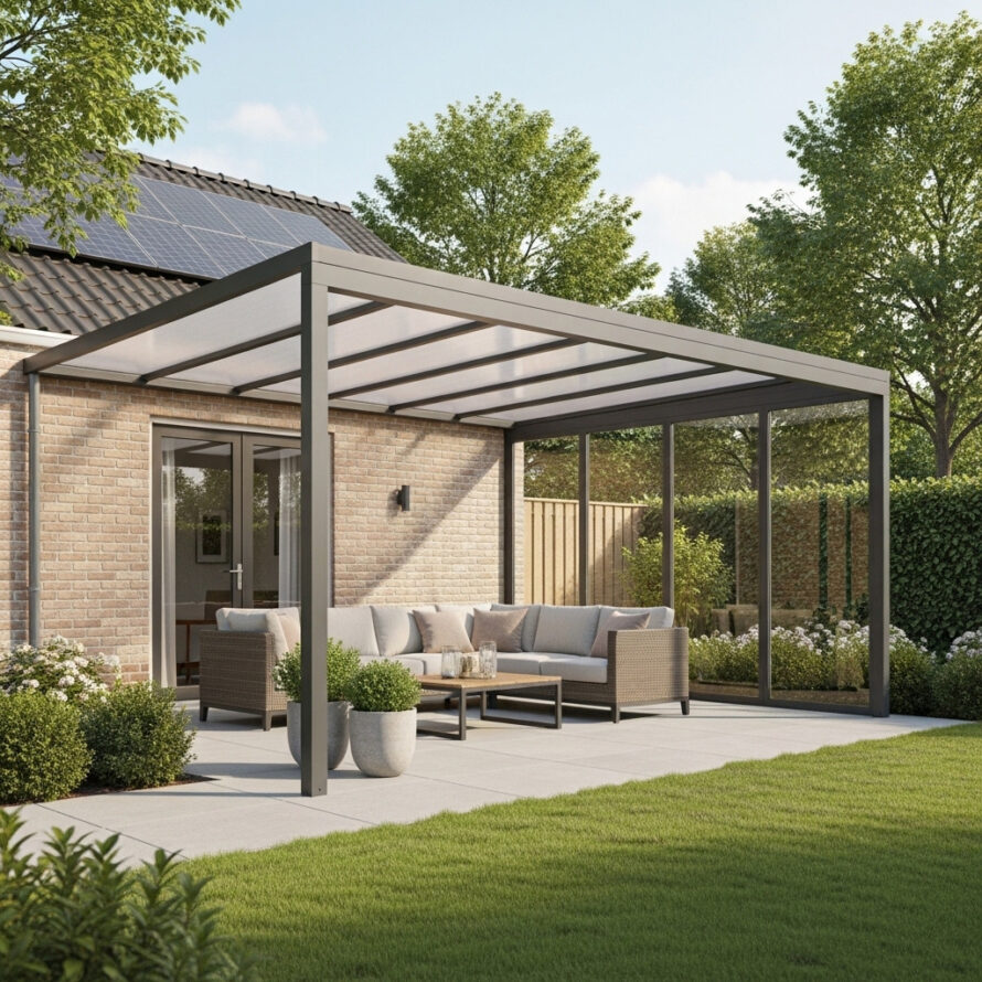 Strakke terrasoverkapping met polycarbonaat kanaalplaten dak in Nederlandse achtertuin met loungeset.