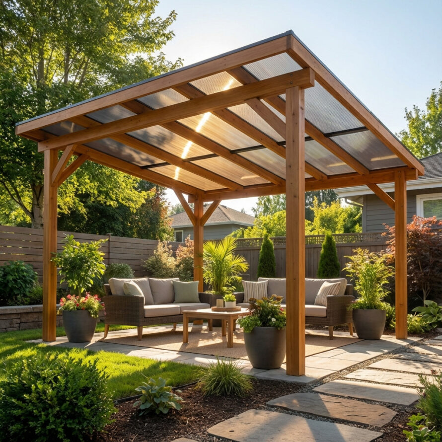 Kunststof tuinoverkapping met houten constructie en zitgedeelte.