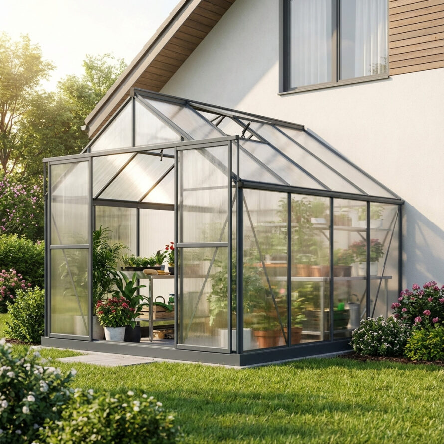 Moderne tuinserre van helder polycarbonaat met aluminium frame en veel lichtinval in een groene achtertuin.