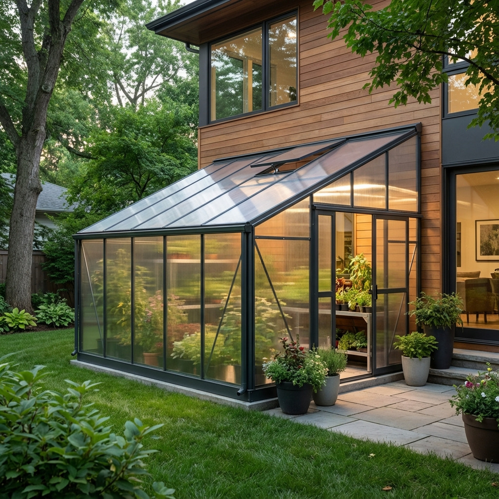 Tuinserre opgebouwd uit heldere polycarbonaat platen met aluminium constructie en hoge lichtdoorlatendheid.