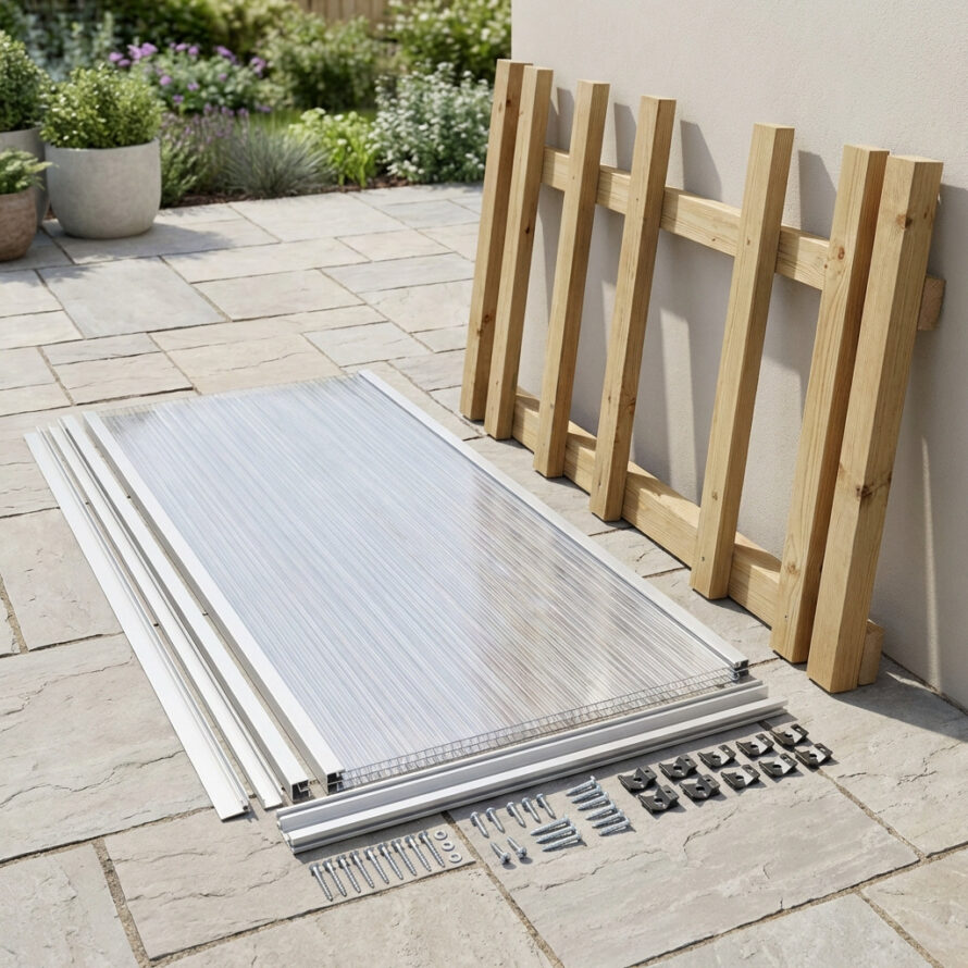 Polycarbonaat kanaalplaten set met aluminium profielen en bevestigingsmateriaal, houten staanders en liggers apart geplaatst in achtertuin.