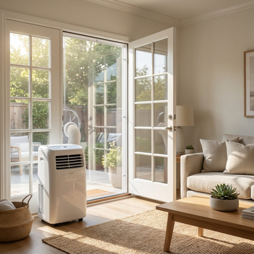 Plexiglas deurafdichting voor mobiele airco met afvoerslang naar buiten in een deuropening.