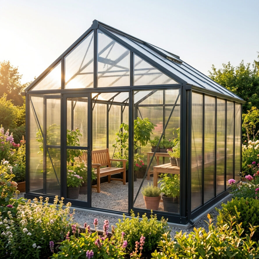 Moderne tuinkas van transparant kunststof met polycarbonaat en plexiglas platen, aluminium frame en veel natuurlijke lichtinval.