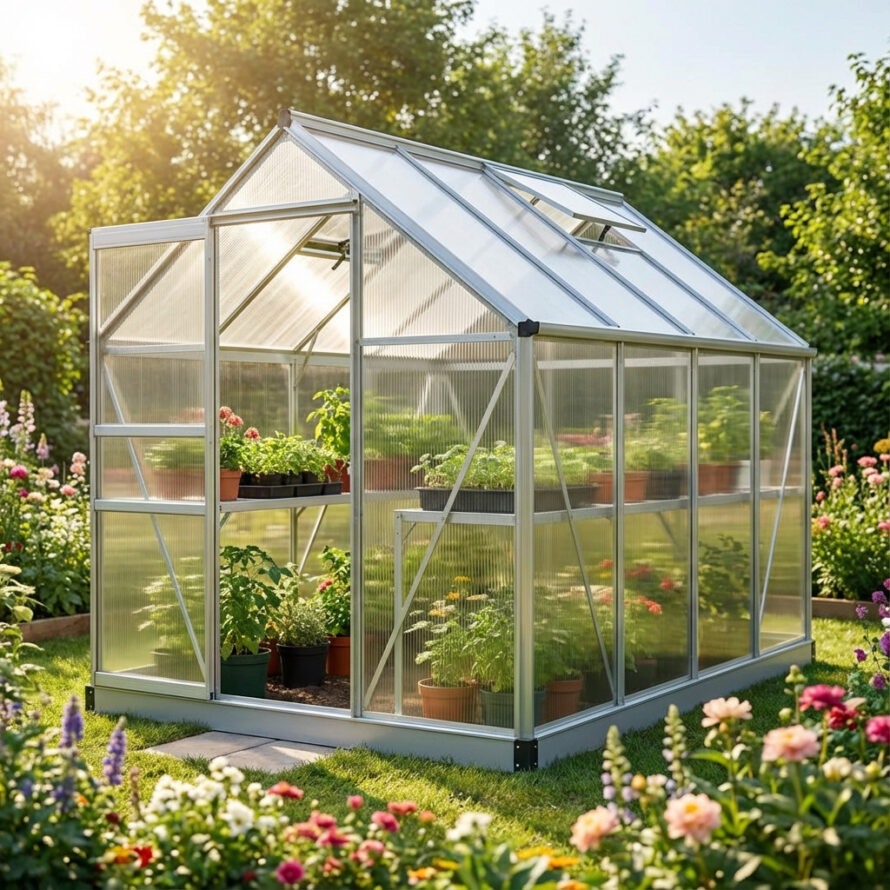 Duurzame tuinkas van helder polycarbonaat en plexiglas met strak aluminium frame in een groene, zonnige tuin.