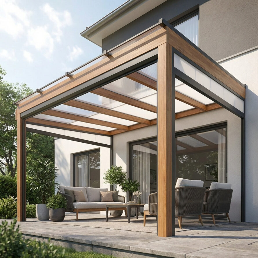 Moderne veranda met houten frame en kunststof dakplaten.