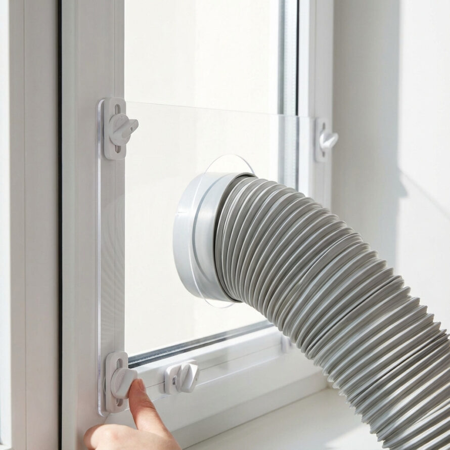 Detail van plexiglas airco raamafdichting met afvoerslang van een mobiele airco die naar buiten voert.