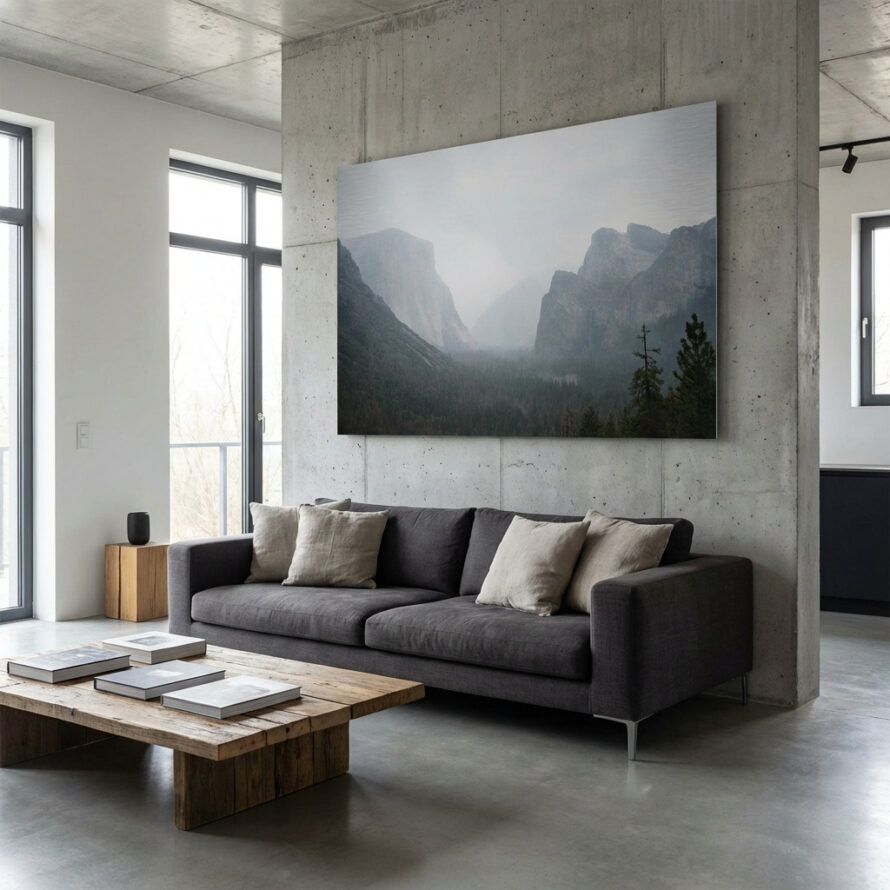 Plexiglas wanddecoratie met landschapsfoto in een minimalistisch interieur.