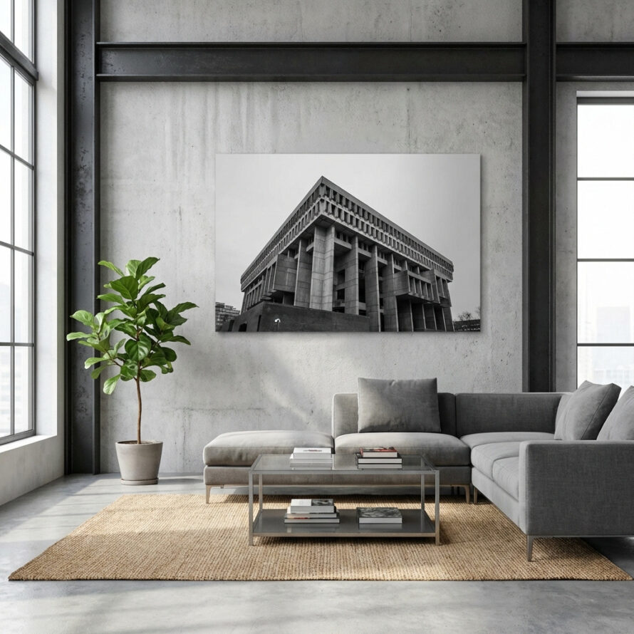 Grote zwart-wit foto op plexiglas boven een bank in een strak ingerichte woonkamer.