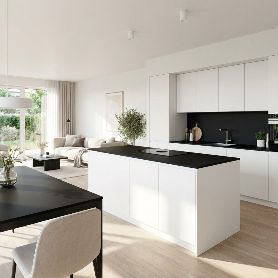 Minimalistische keuken met HPL achterwand in zwart en veel daglicht