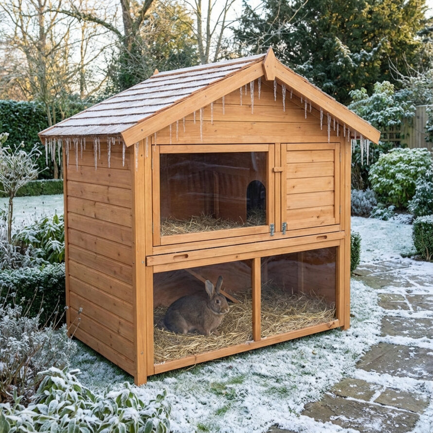 Winterklaar konijnenhok in de tuin met plexiglas tegen wind en regen