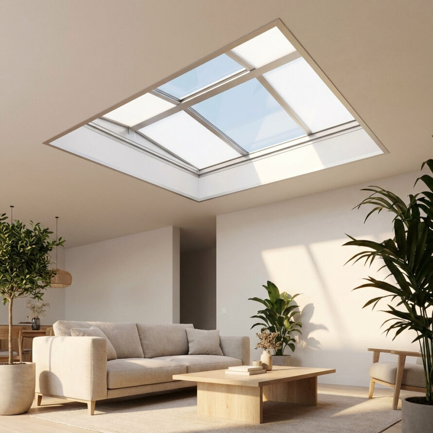 Kunststof lichtstraat in een platte aanbouw die de keuken vult met natuurlijk daglicht.