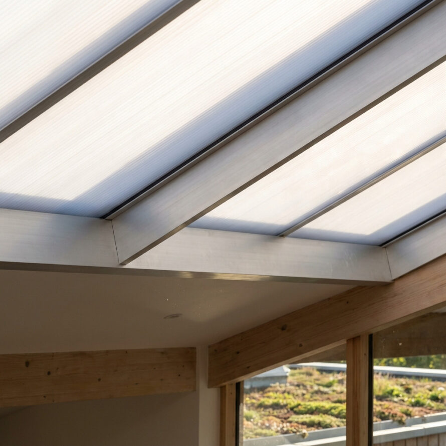 Kunststof lichtstraat met opaal polycarbonaat en aluminium profiel, die diffuus daglicht binnenlaat.