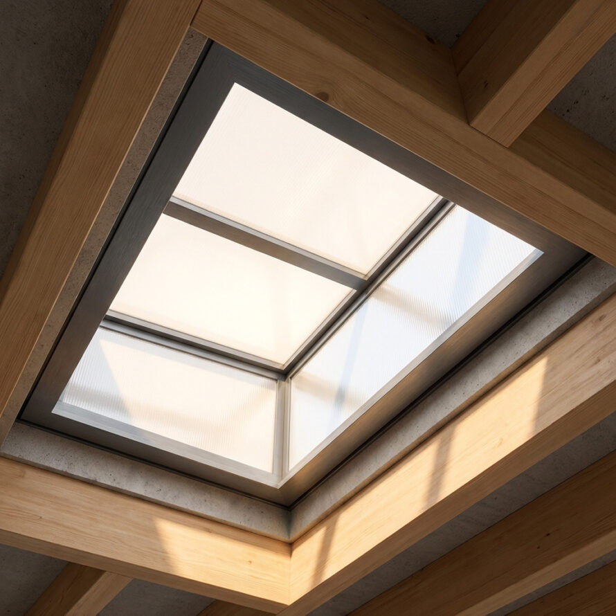 Detail van een moderne lichtstraat waar zacht daglicht door opaal kunststof valt.