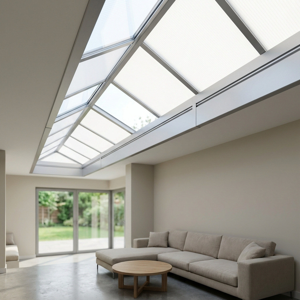 Moderne lichtstraat in een aanbouw met opaal polycarbonaat platen in aluminium frame die de woonkamer vullen met diffuus daglicht.