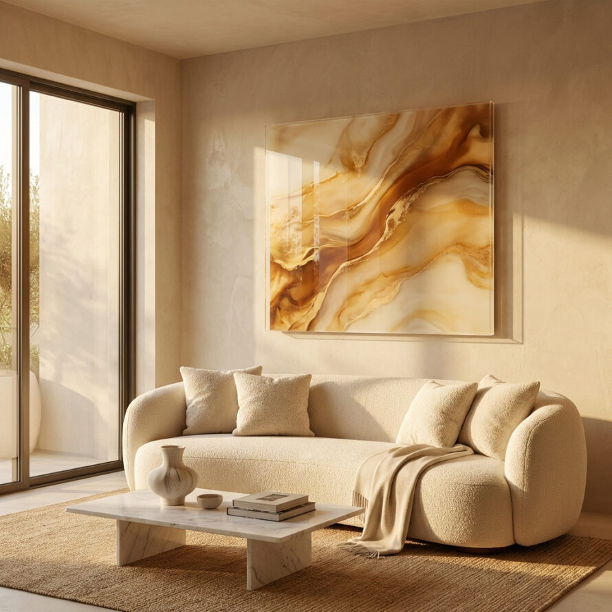 Abstract schilderij op plexiglas, netjes en blind gemonteerd aan de muur in een warm ingerichte woonkamer.