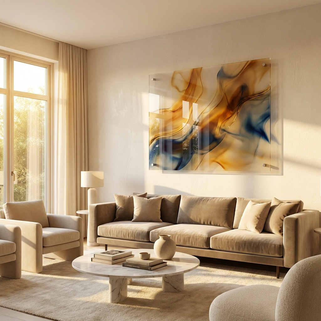 Plexiglas wanddecoratie met kleurrijk kunstwerk in een modern interieur, bevestigd zonder schroeven.