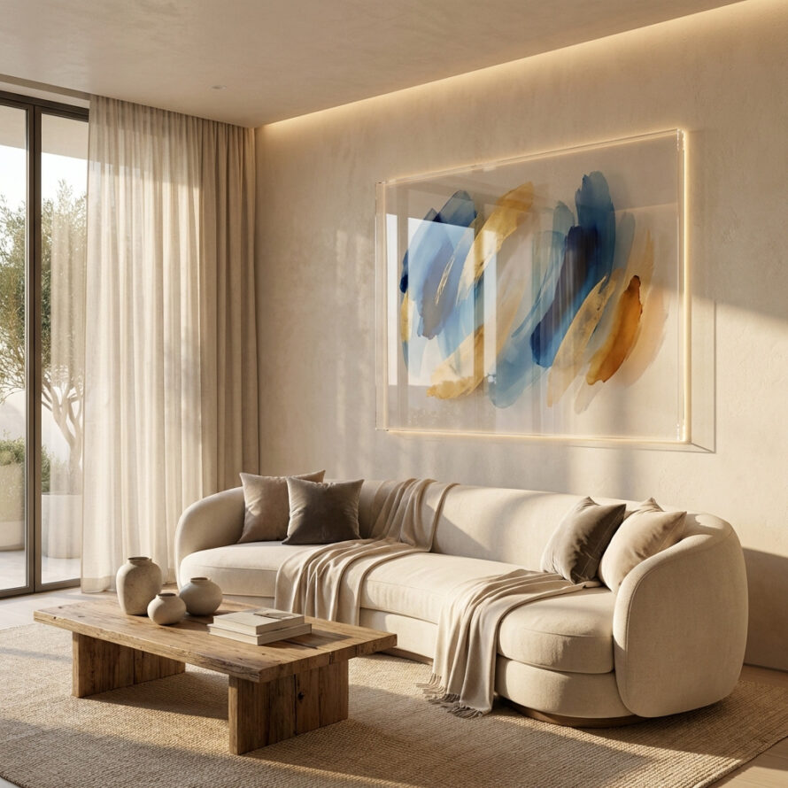 Woonkamer met abstracte kunst op plexiglas, opgehangen zonder boren voor een strak en zwevend effect.