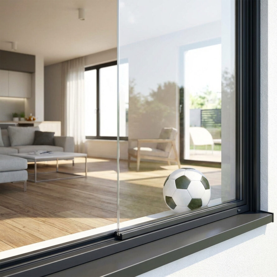 Voetbal rust tegen een transparante kunststof ruit in een modern aluminium raamkozijn.