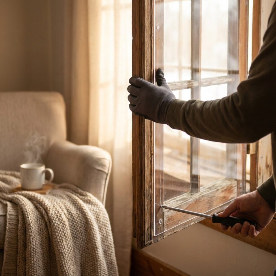 Hand met handschoen plaatst een transparante kunststof plaat in een houten raamkozijn naast een bank met een warme deken.