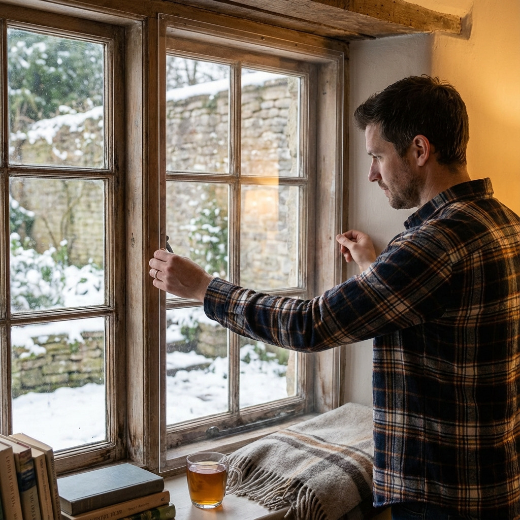 Man brengt een kunststof raamplaat aan op een oud houten raam terwijl buiten sneeuw zichtbaar is.