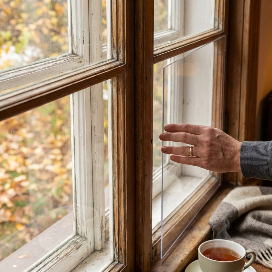 Close-up van een transparante kunststof plaat die strak in een houten raamkozijn wordt geplaatst, met een kop thee op de vensterbank.