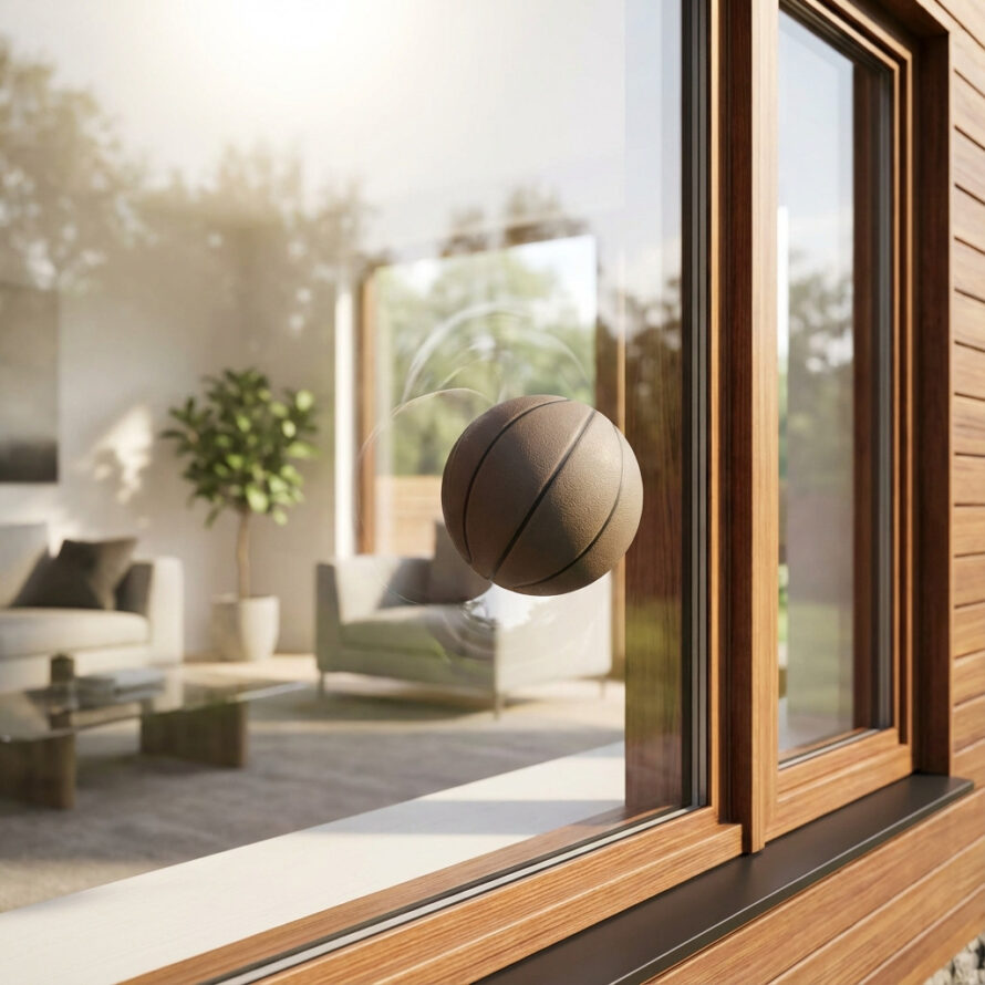 Kunststof raamplaat voorkomt dat een basketbal door een modern raam naar binnen vliegt.