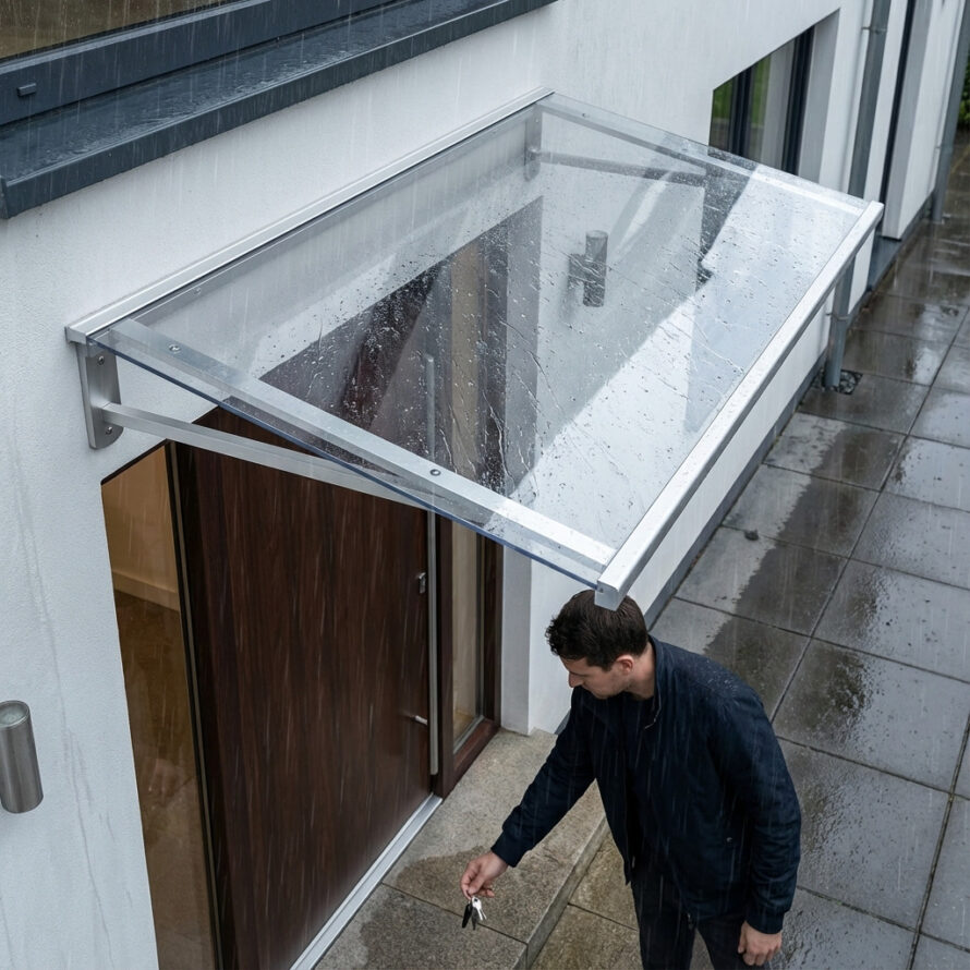 Polycarbonaat luifel boven voordeur met helder dak op regenachtige dag
