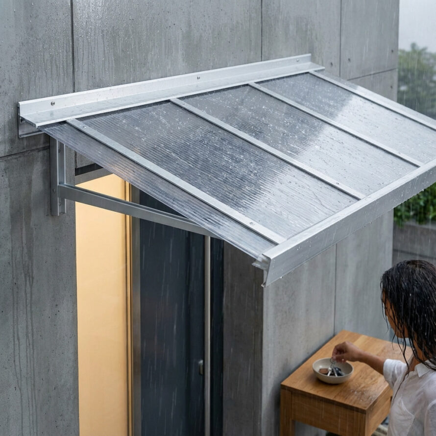 Heldere polycarbonaat luifel boven een voordeur met aluminium bevestiging tijdens regen