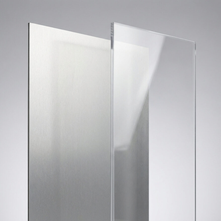 Overlappende plexiglas platen in transparante en matte uitvoering.