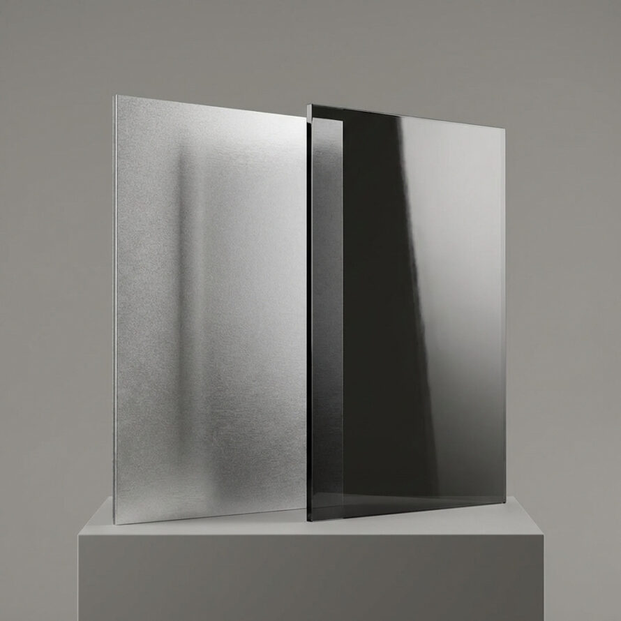 Transparante en matte plexiglas platen rechtop gepresenteerd op een sokkel.