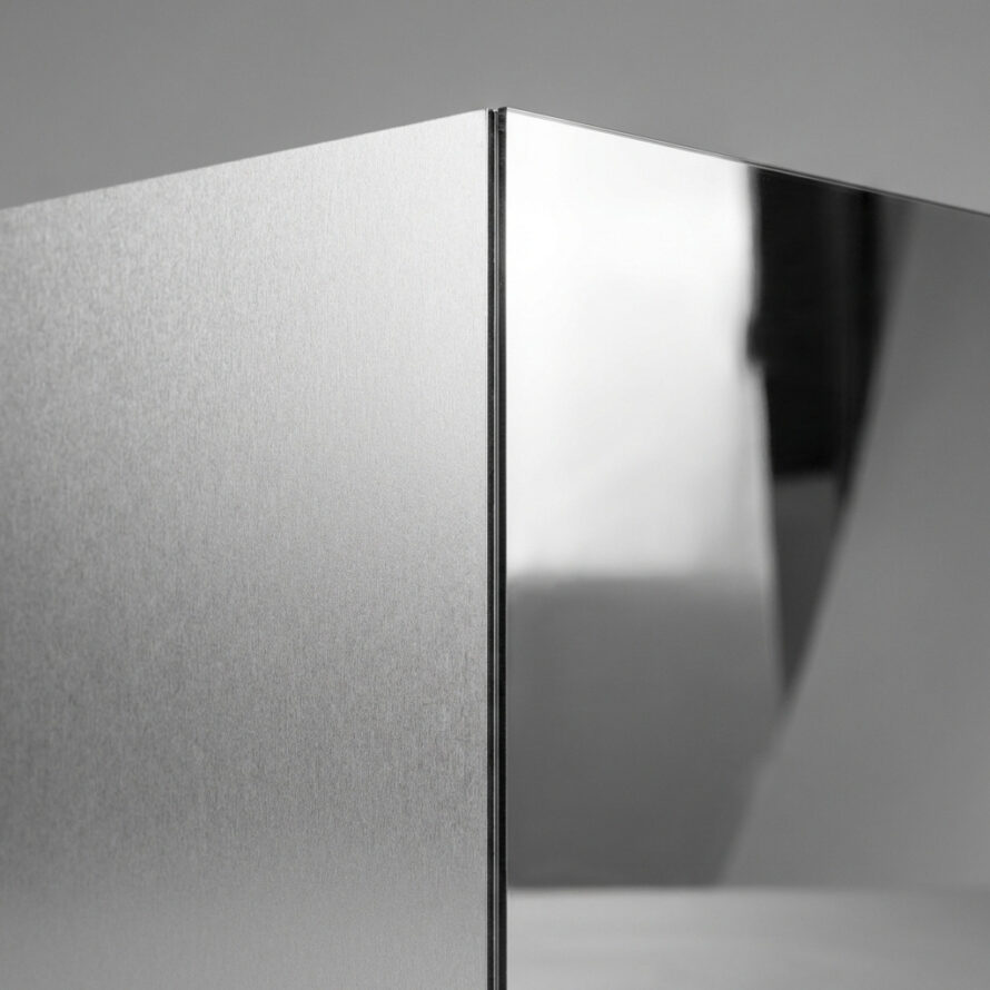 Detail van een matte plexiglas plaat met strakke randafwerking en reflectie.