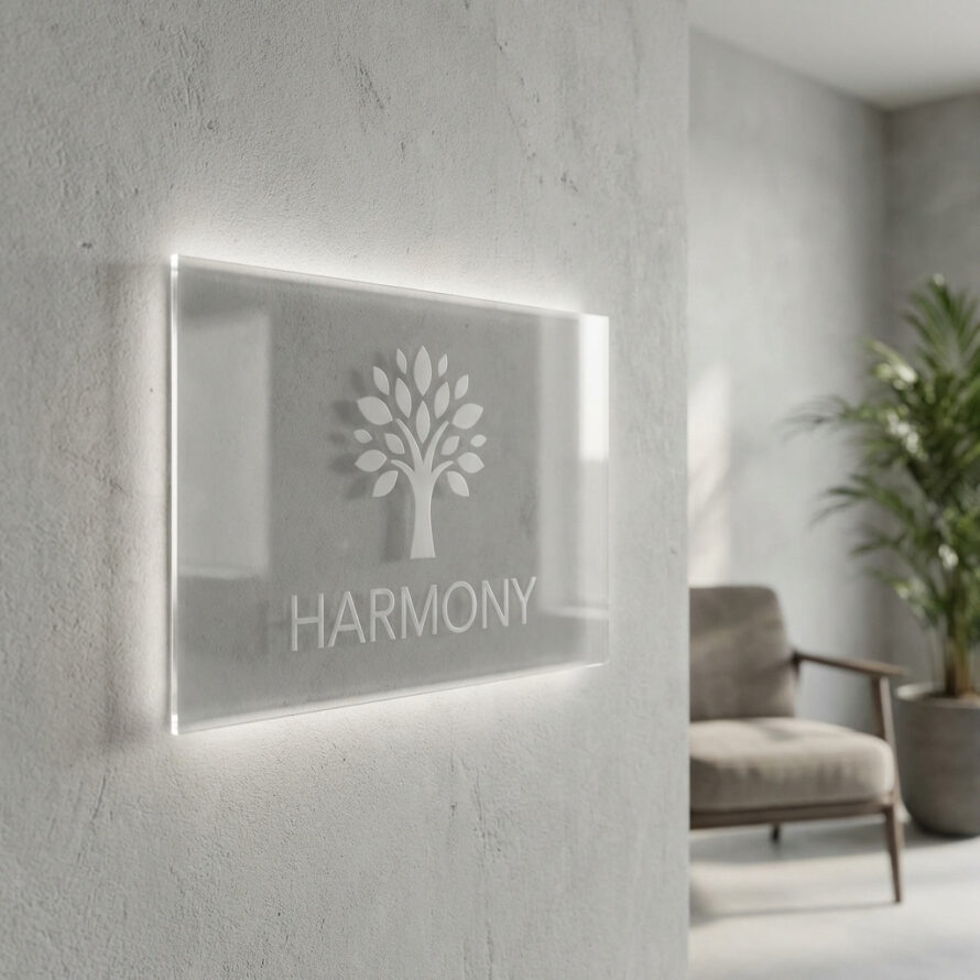 Plexiglas wandbord met minimalistisch ontwerp, blind gemonteerd op de muur met onzichtbare bevestiging.