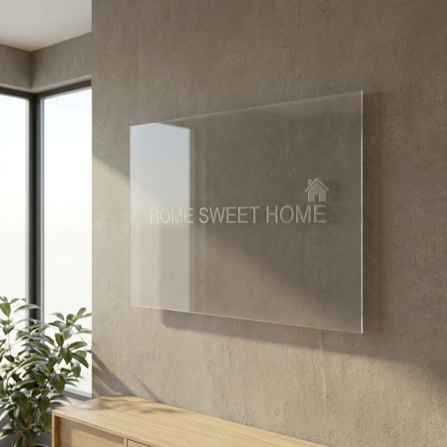 Transparante plexiglas plaat met tekst aan de muur bevestigd zonder boren, met zwevend effect in een lichte ruimte.