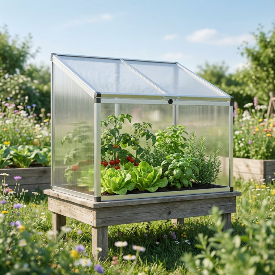 Transparante kweekbak van polycarbonaat met jonge groenteplantjes, geplaatst op een zonnige plek in de tuin.
