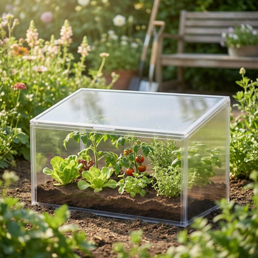 Detail van een kweekbak van polycarbonaat met transparante platen en scharnierend deksel, ideaal voor jonge planten.