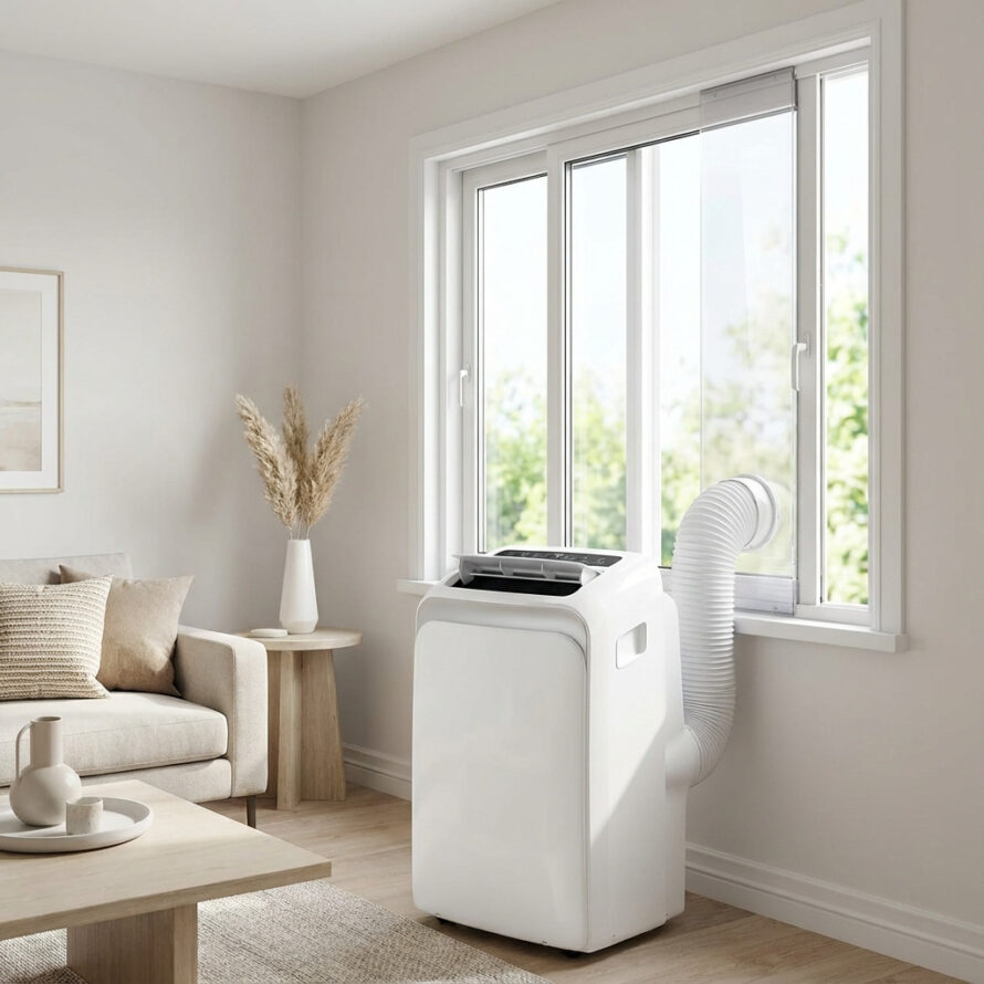 Plexiglas raamafdichting voor mobiele airco in schuifraam met afvoerslang, strak en luchtdicht gemonteerd.